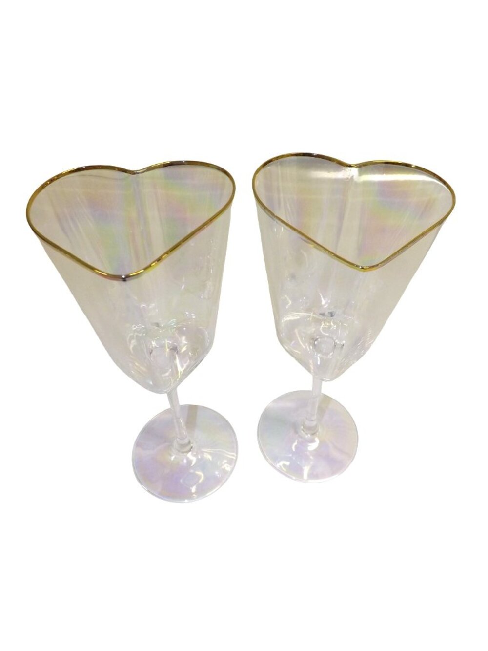 Heart Shaped Champagne Flutes Gold Rim Iridescent Glass Wedding Anniversary Set